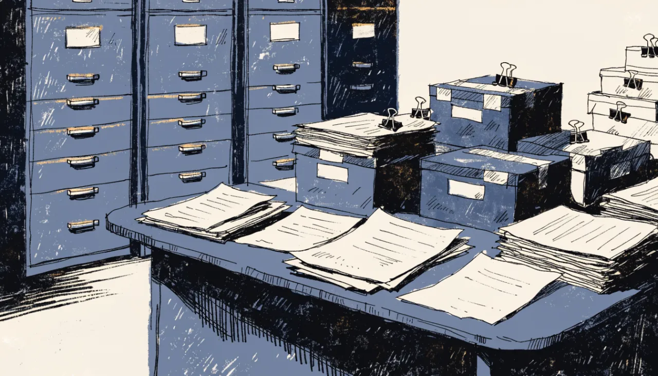 Restrained editorial illustration of filing folders and source documents: image for