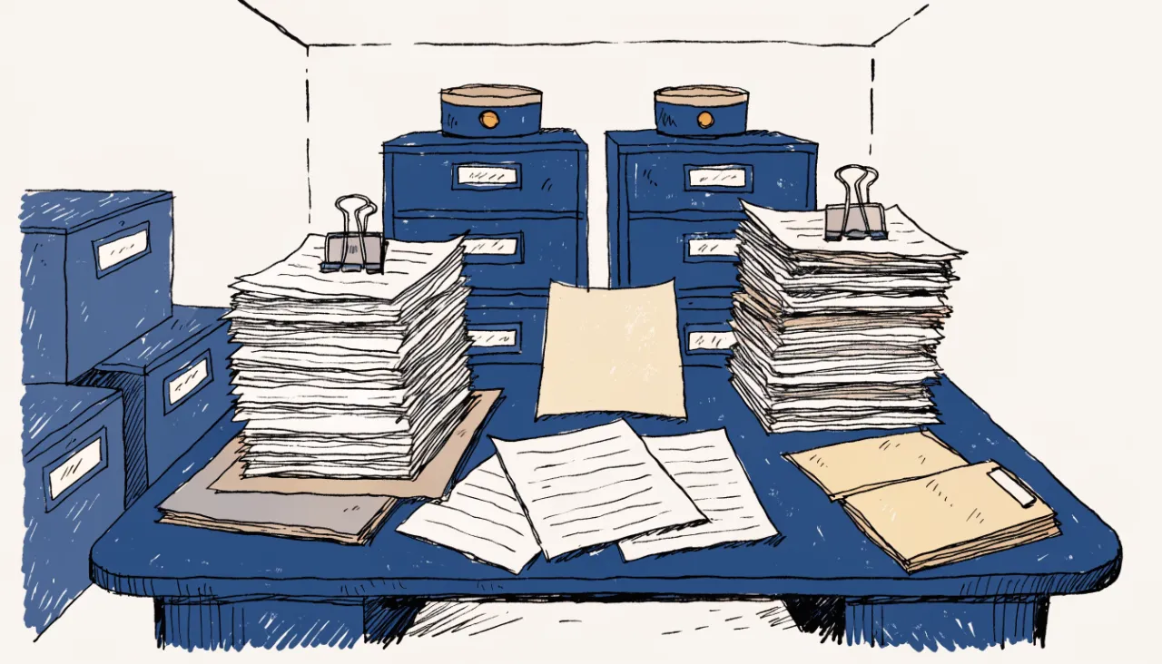 Restrained editorial illustration of filing folders and source documents, alternate view: image for