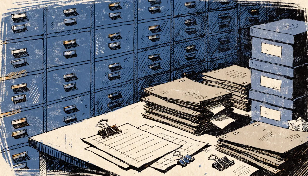 Restrained editorial illustration of filing folders and source documents: image for