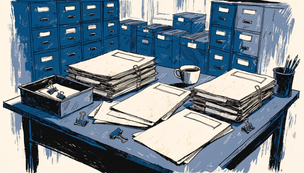 Restrained editorial illustration of filing folders and source documents, alternate view: image for