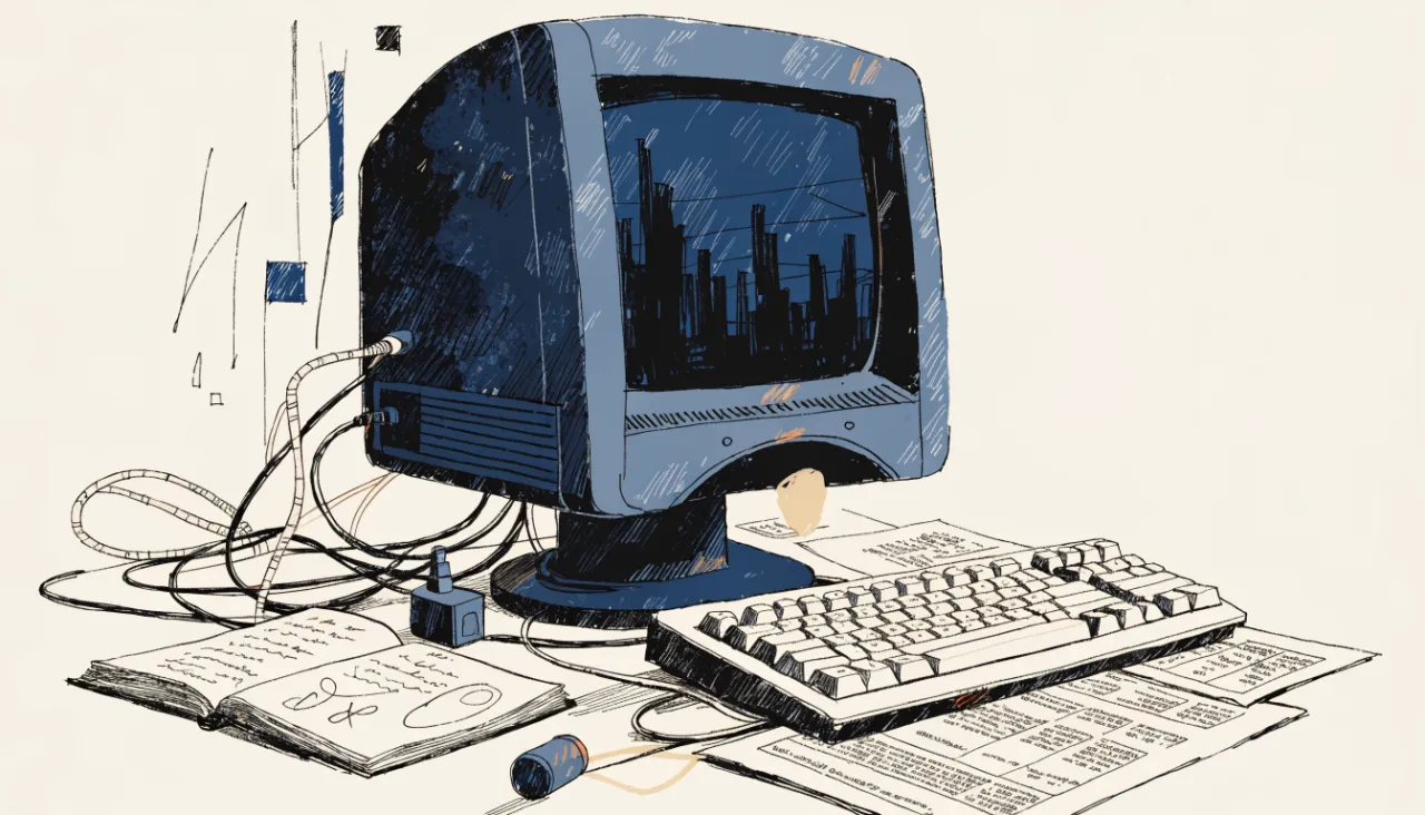 Restrained editorial illustration of an analyst workstation with unreadable chart shapes: image for