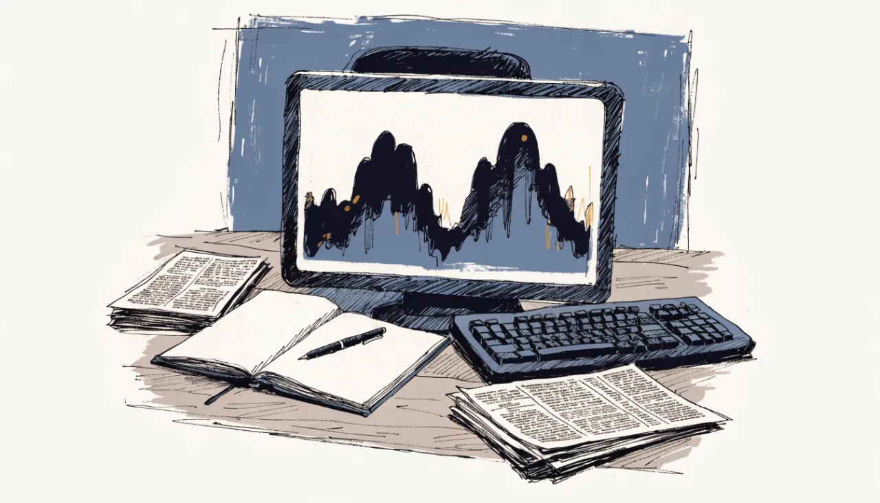 Restrained editorial illustration of an analyst workstation with unreadable chart shapes, alternate view: image for
