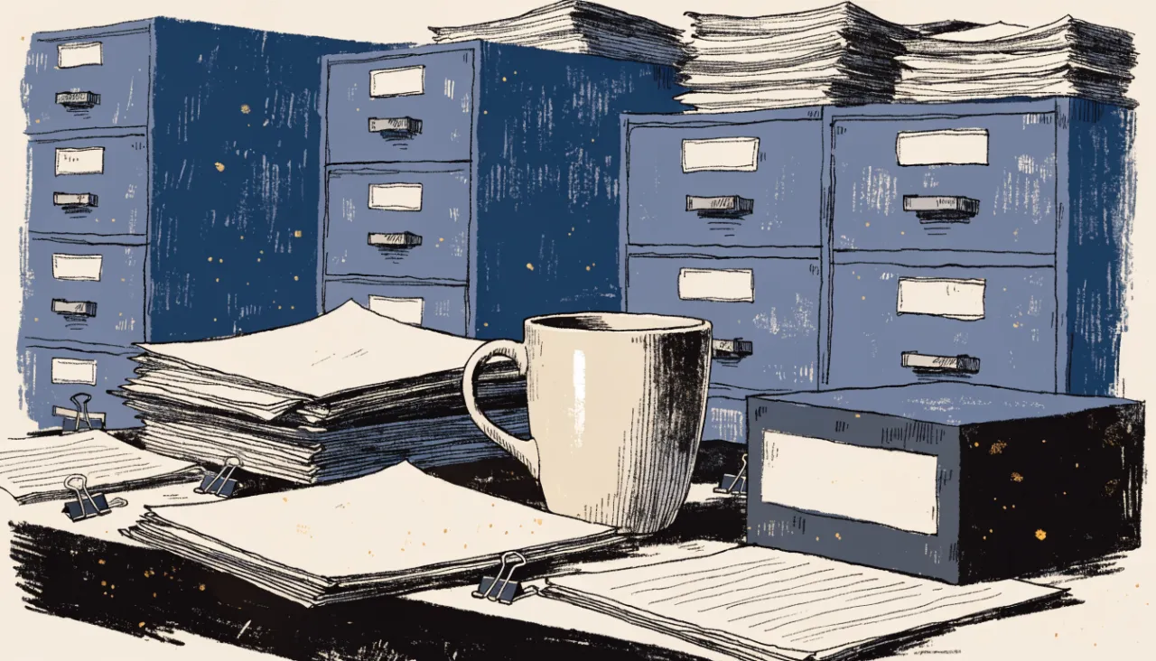 Restrained editorial illustration of filing folders and source documents: image for
