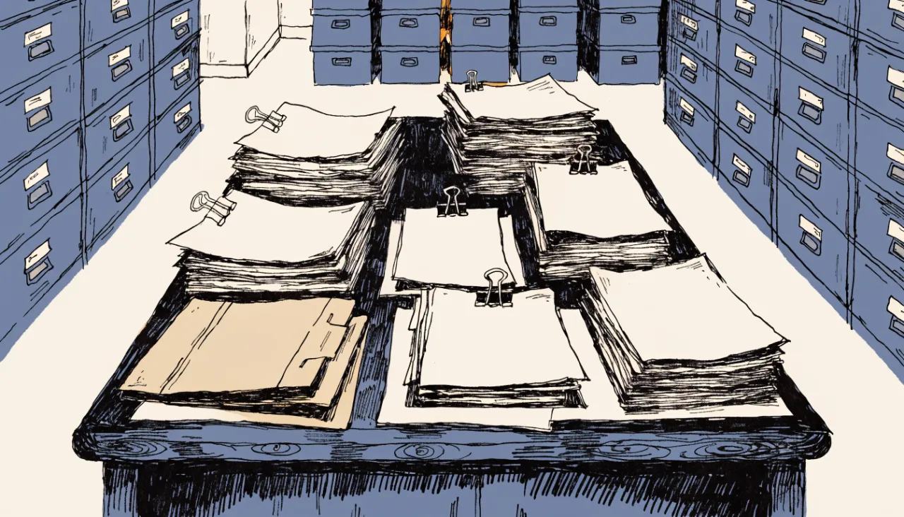 Restrained editorial illustration of filing folders and source documents, alternate view: image for