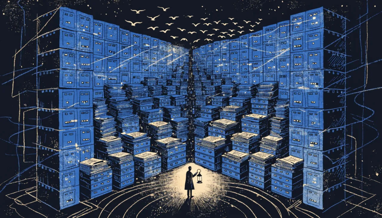 Abstract archive of luminous stacked panes, elevated view: illustration for