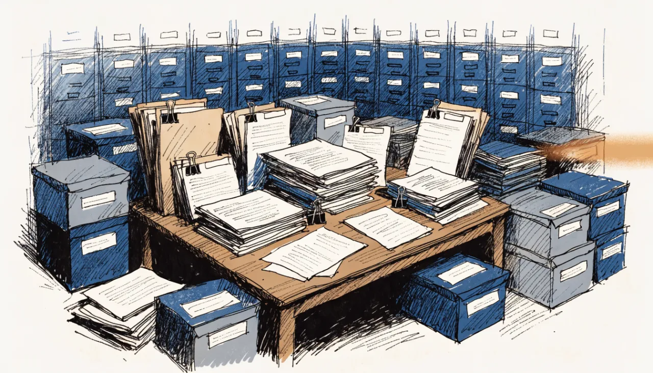 Restrained editorial illustration of filing folders and source documents, alternate view: image for
