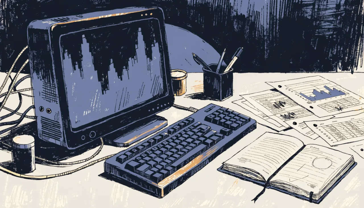 Restrained editorial illustration of an analyst workstation with unreadable chart shapes: image for
