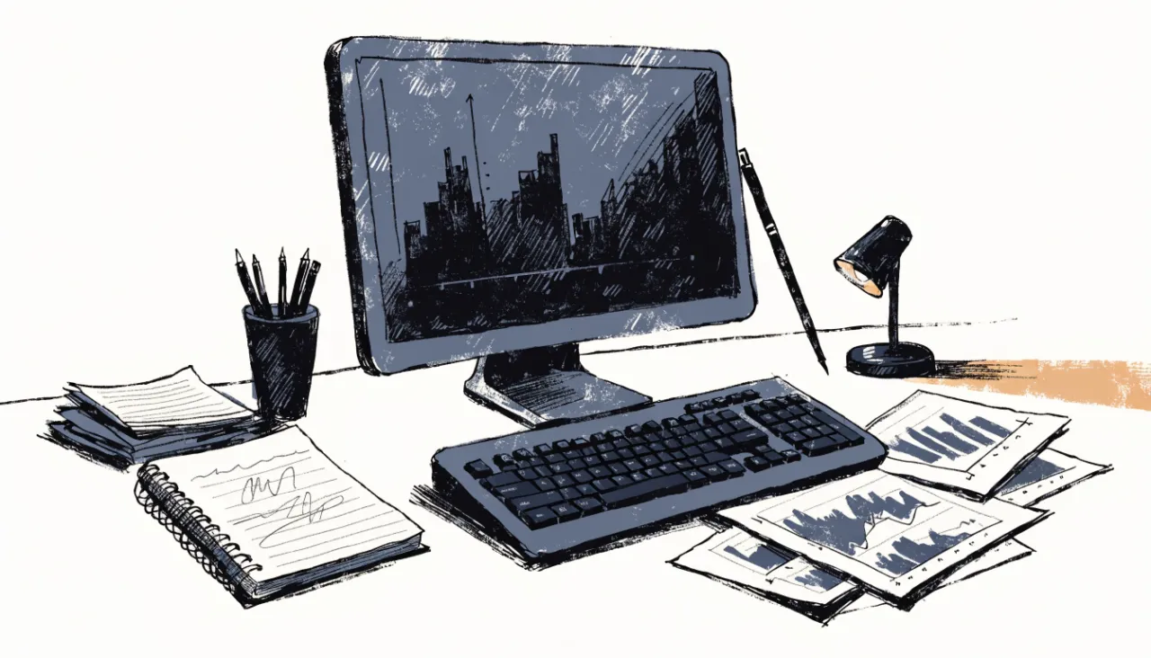 Restrained editorial illustration of an analyst workstation with unreadable chart shapes, alternate view: image for