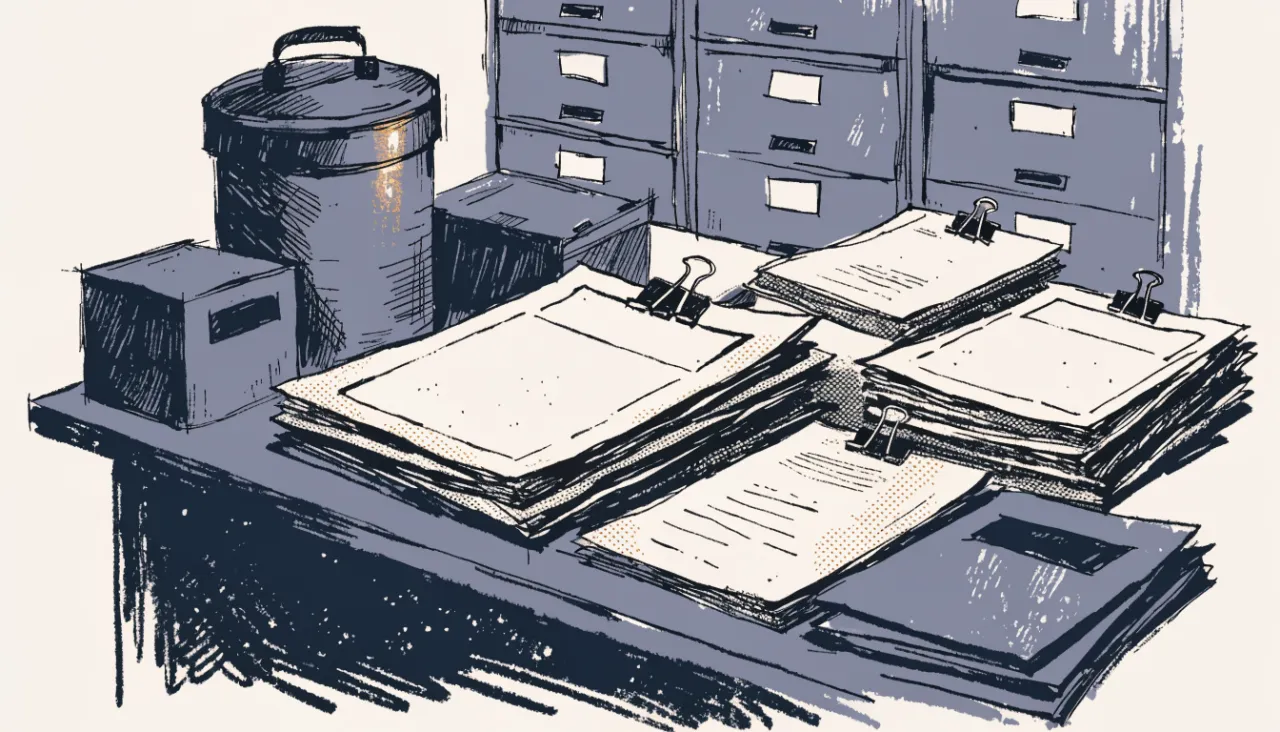 Restrained editorial illustration of filing folders and source documents: image for