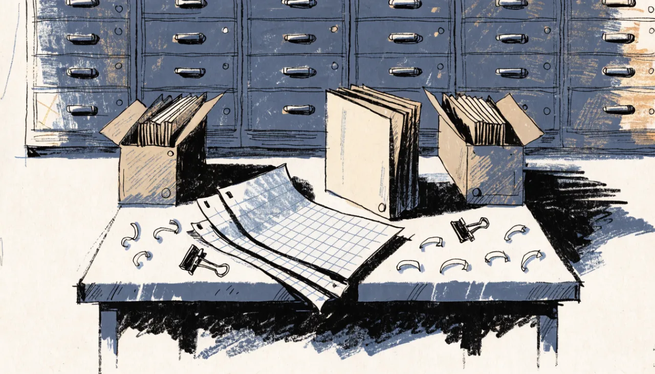 Restrained editorial illustration of filing folders and source documents, alternate view: image for