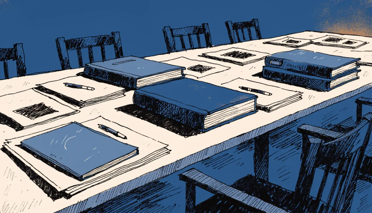 Restrained editorial illustration of portfolio binders on a boardroom table: image for