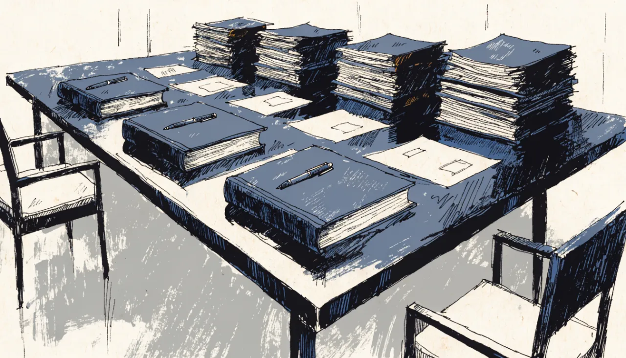 Restrained editorial illustration of portfolio binders on a boardroom table, alternate view: image for
