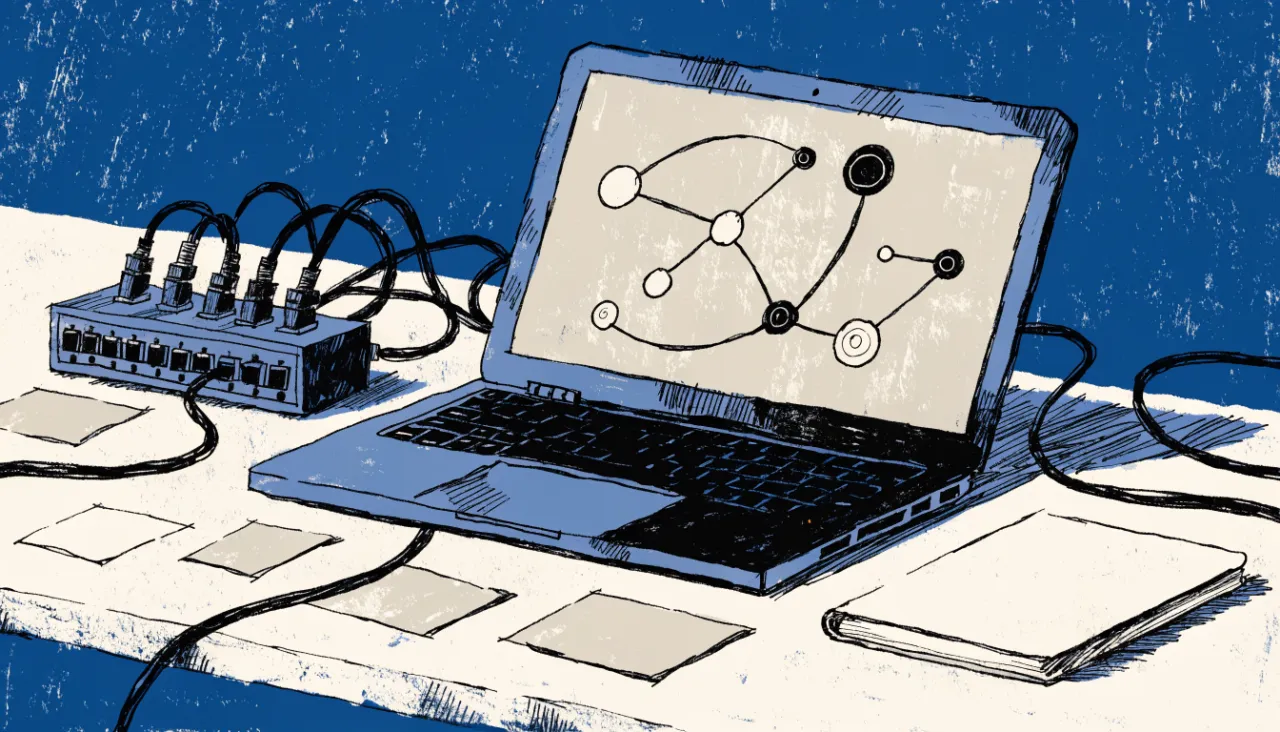 Restrained editorial illustration of a developer desk and data connectors: image for