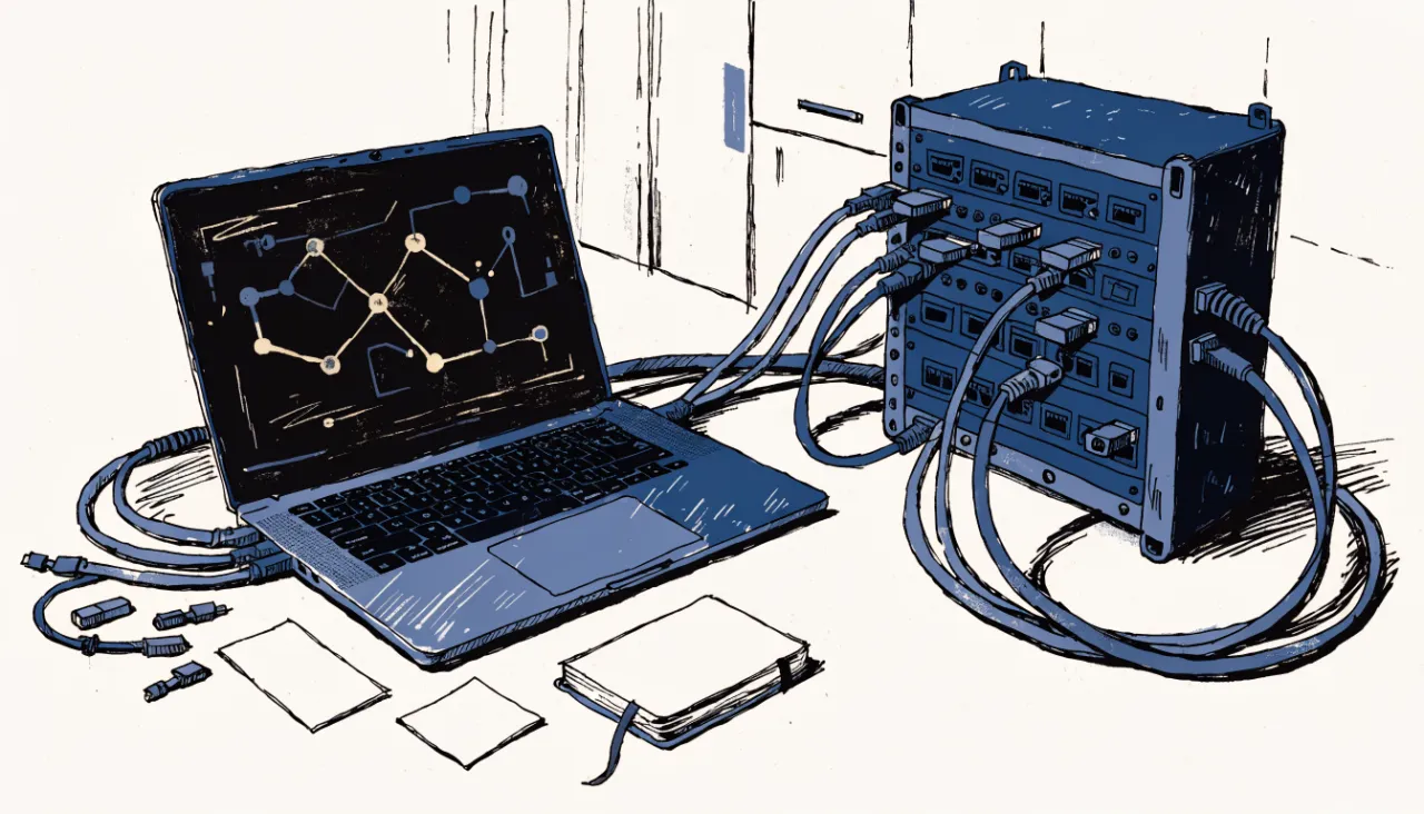 Restrained editorial illustration of a developer desk and data connectors, alternate view: image for