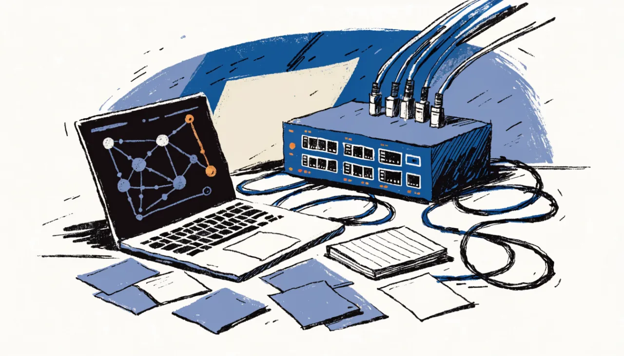 Restrained editorial illustration of a developer desk and data connectors: image for