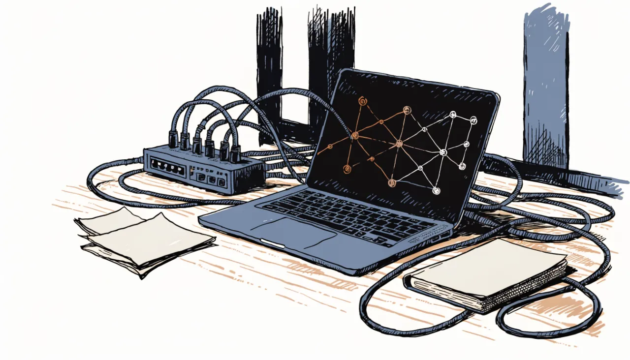 Restrained editorial illustration of a developer desk and data connectors, alternate view: image for