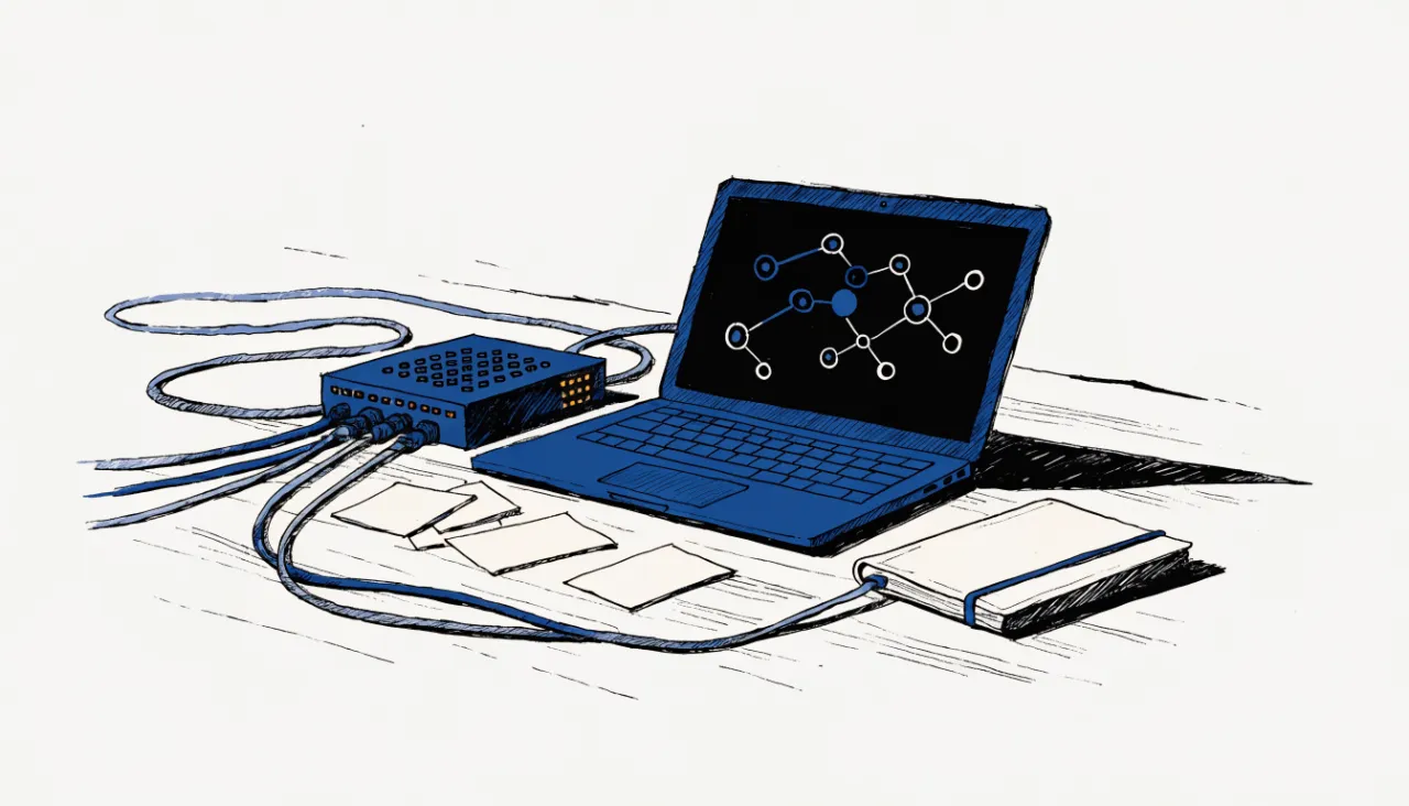 Restrained editorial illustration of a developer desk and data connectors: image for