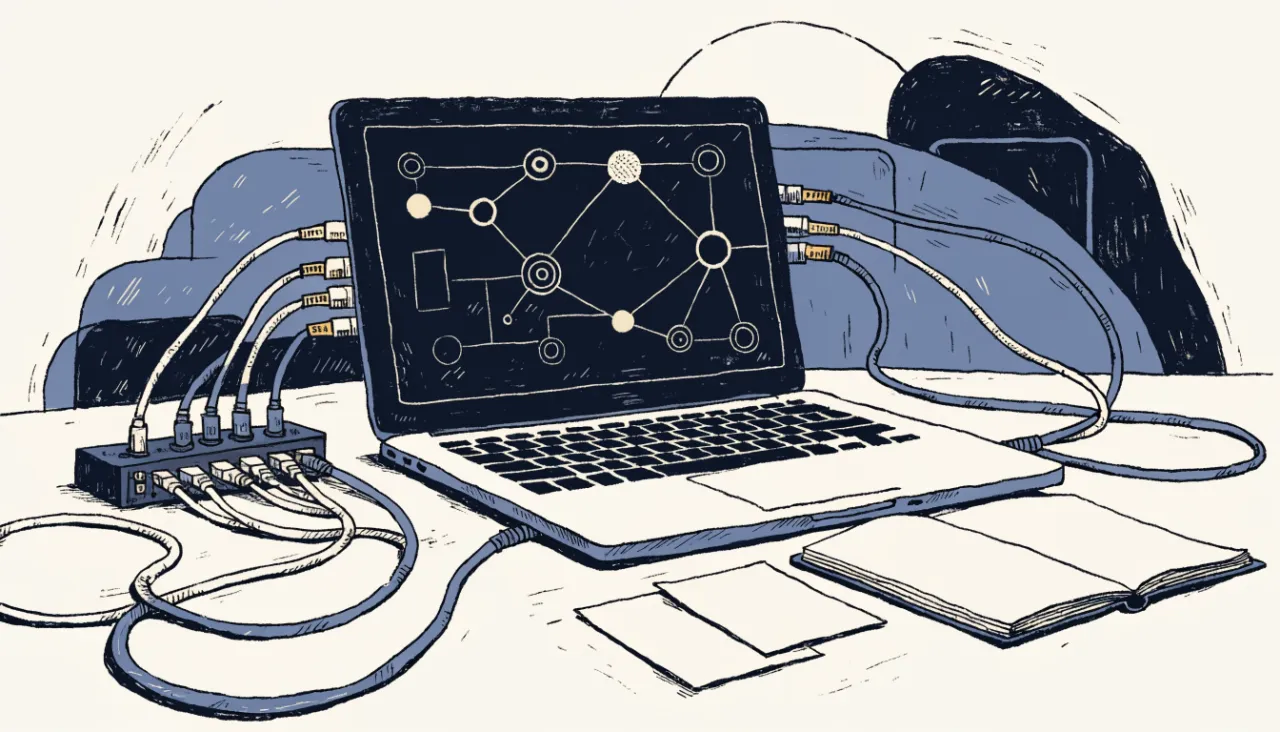 Restrained editorial illustration of a developer desk and data connectors, alternate view: image for