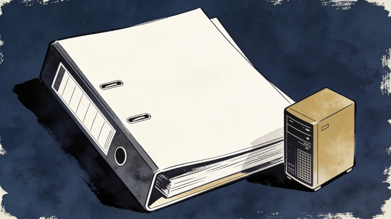 blank biotech filing binder beside a compact source-data server.