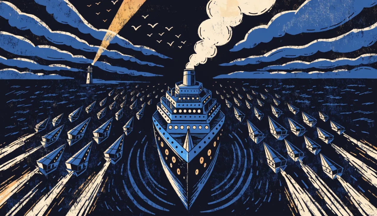 Towering luminous structure with orbiting satellites, elevated view: illustration for