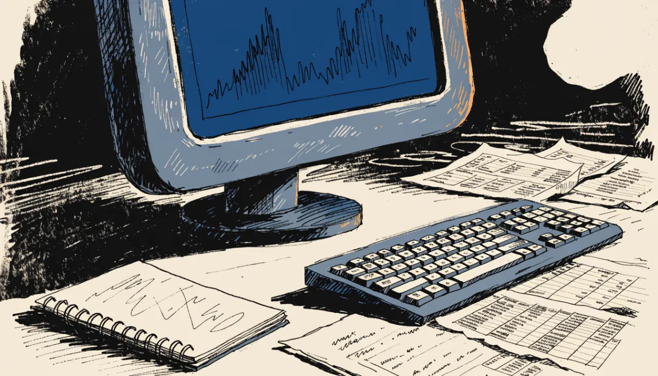 Restrained editorial illustration of an analyst workstation with unreadable chart shapes: image for