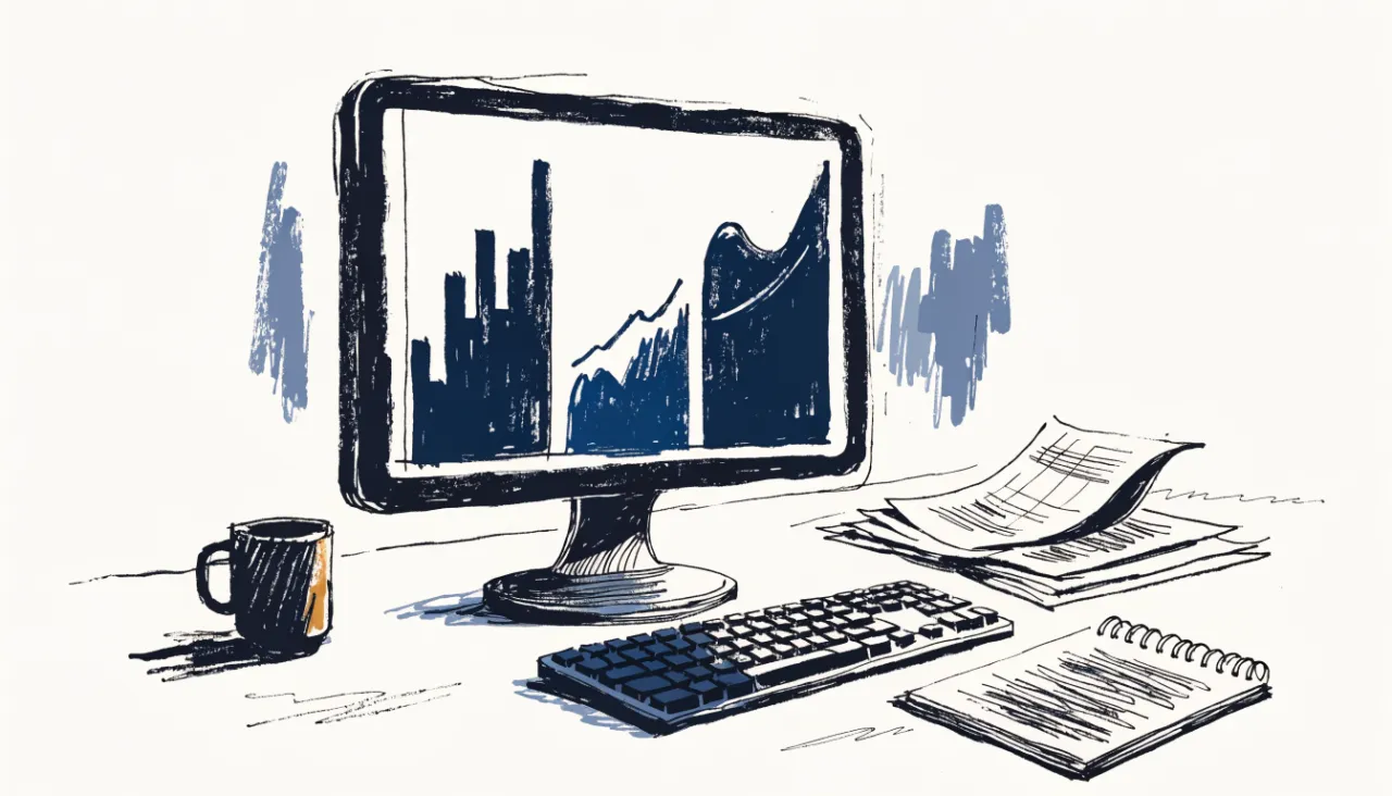 Restrained editorial illustration of an analyst workstation with unreadable chart shapes, alternate view: image for