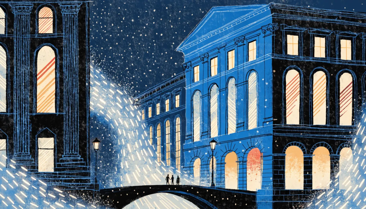 Luminous streams flowing between node structures: illustration for