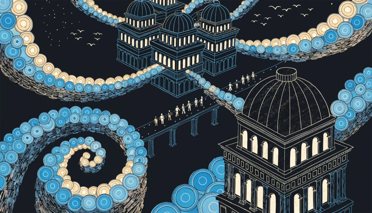 Luminous streams flowing between node structures, elevated view: illustration for