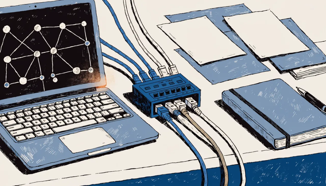 Restrained editorial illustration of a developer desk and data connectors: image for