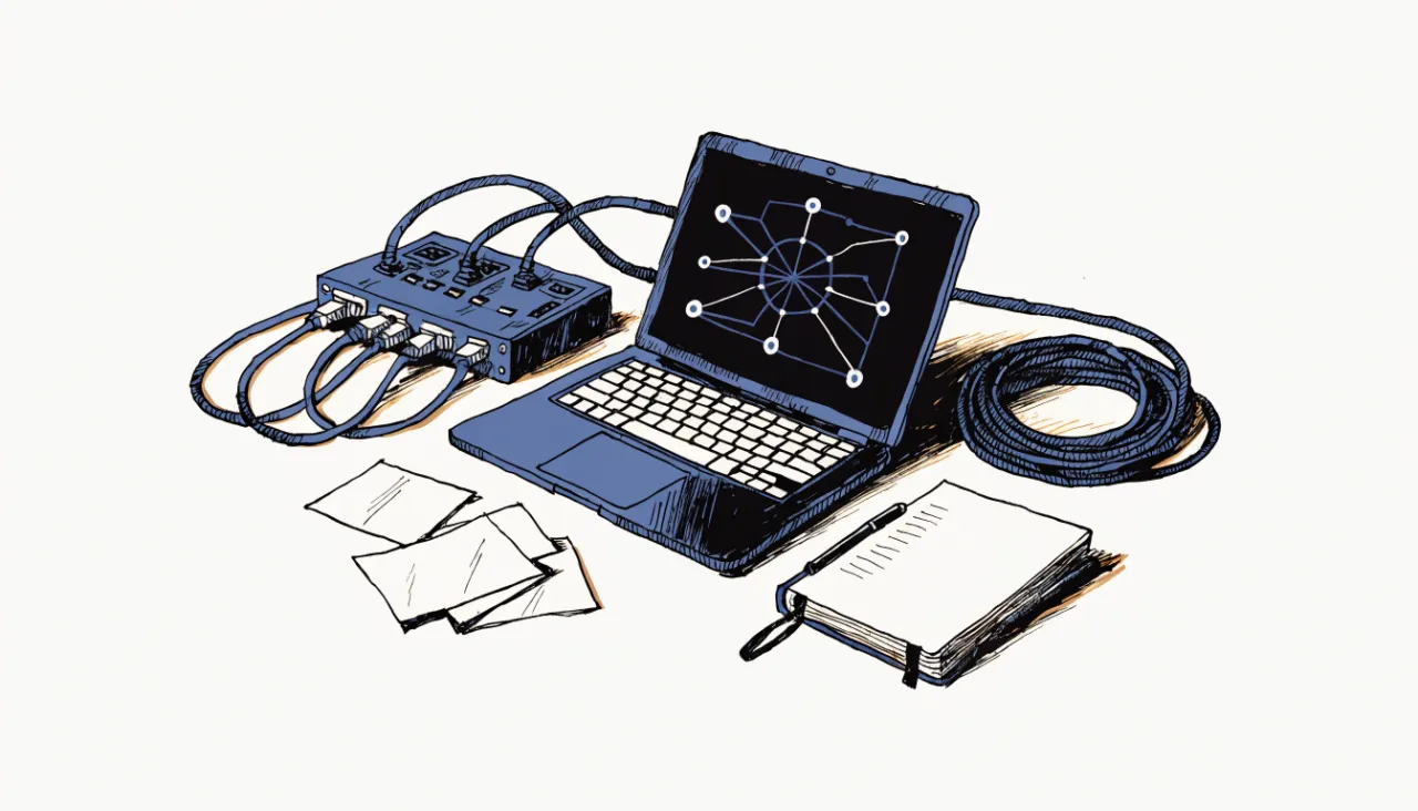 Restrained editorial illustration of a developer desk and data connectors, alternate view: image for