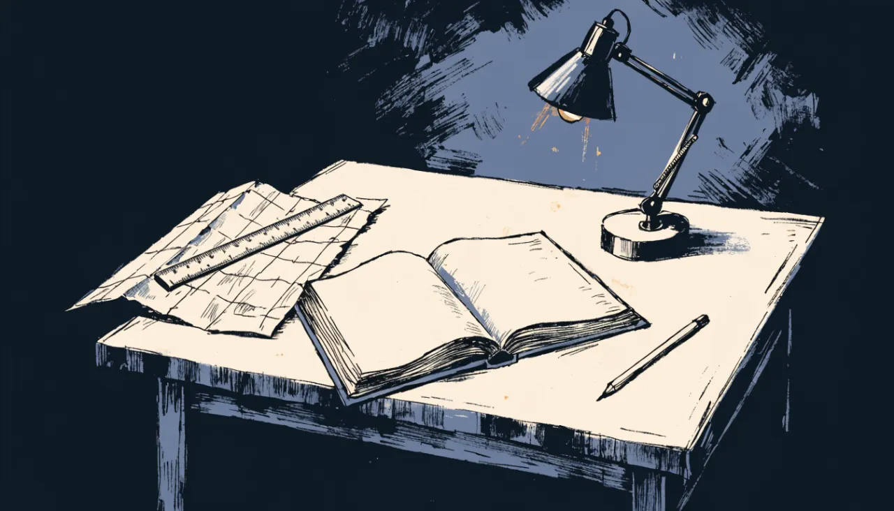 Restrained editorial illustration of a drafting table with a notebook and folded map: image for