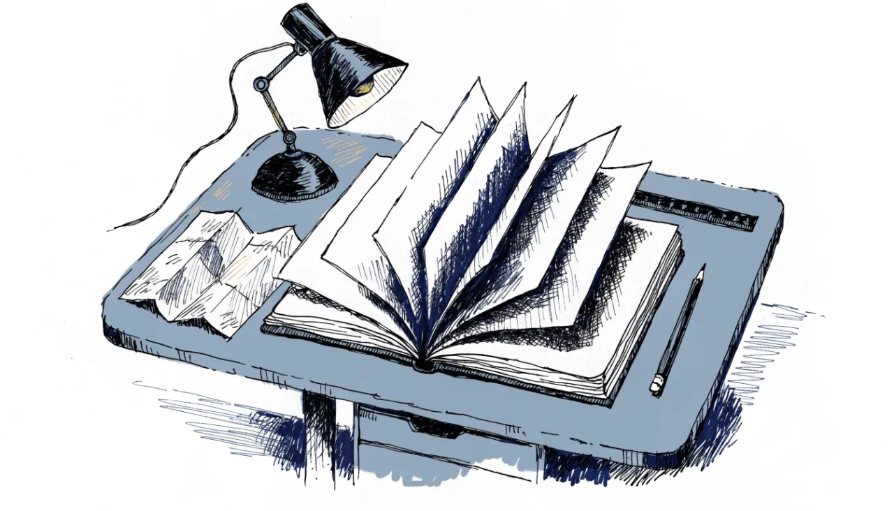 Restrained editorial illustration of a drafting table with a notebook and folded map, alternate view: image for