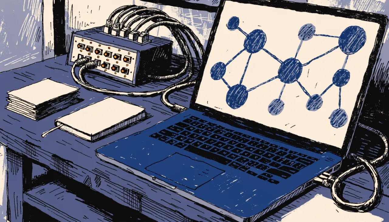 Restrained editorial illustration of a developer desk and data connectors: image for