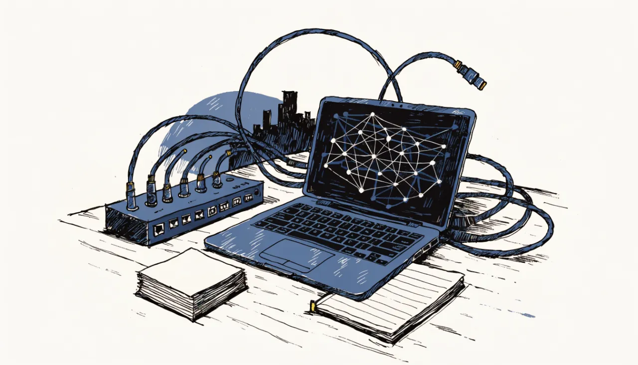Restrained editorial illustration of a developer desk and data connectors, alternate view: image for