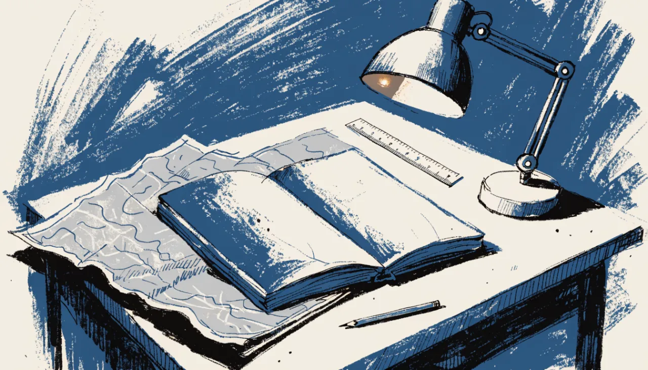 Restrained editorial illustration of a drafting table with a notebook and folded map: image for