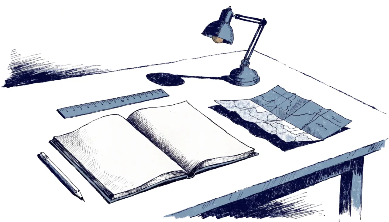 Restrained editorial illustration of a drafting table with a notebook and folded map, alternate view: image for