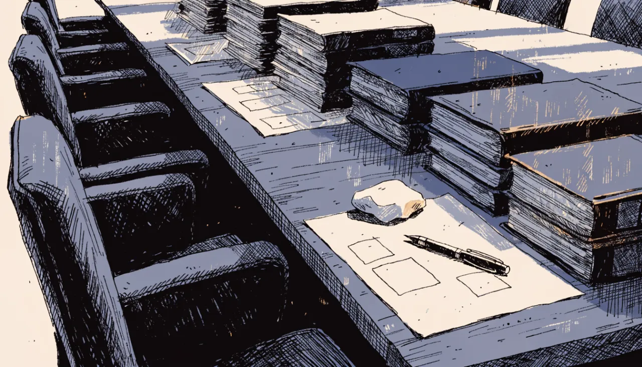 Restrained editorial illustration of portfolio binders on a boardroom table: image for