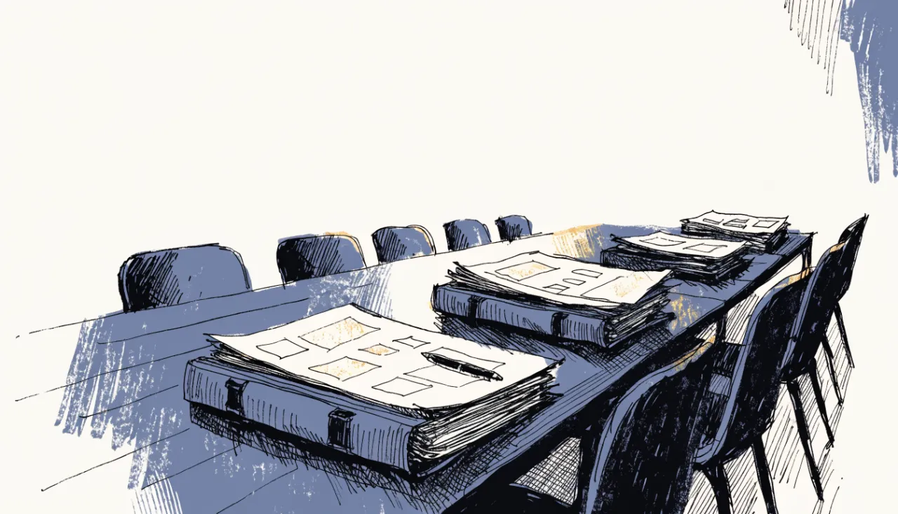Restrained editorial illustration of portfolio binders on a boardroom table, alternate view: image for