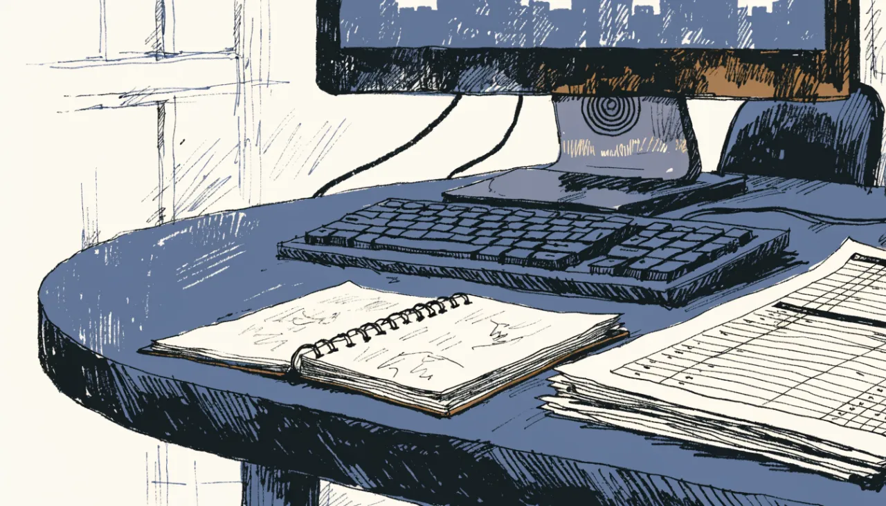 Restrained editorial illustration of an analyst workstation with unreadable chart shapes: image for