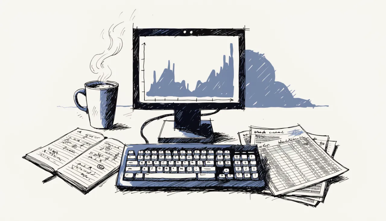 Restrained editorial illustration of an analyst workstation with unreadable chart shapes, alternate view: image for