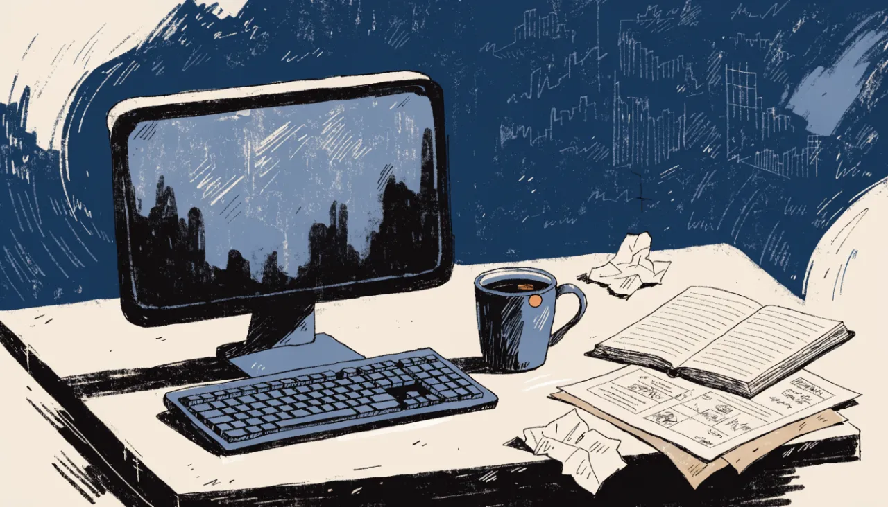 Restrained editorial illustration of an analyst workstation with unreadable chart shapes: image for