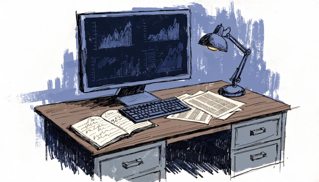 Restrained editorial illustration of an analyst workstation with unreadable chart shapes, alternate view: image for