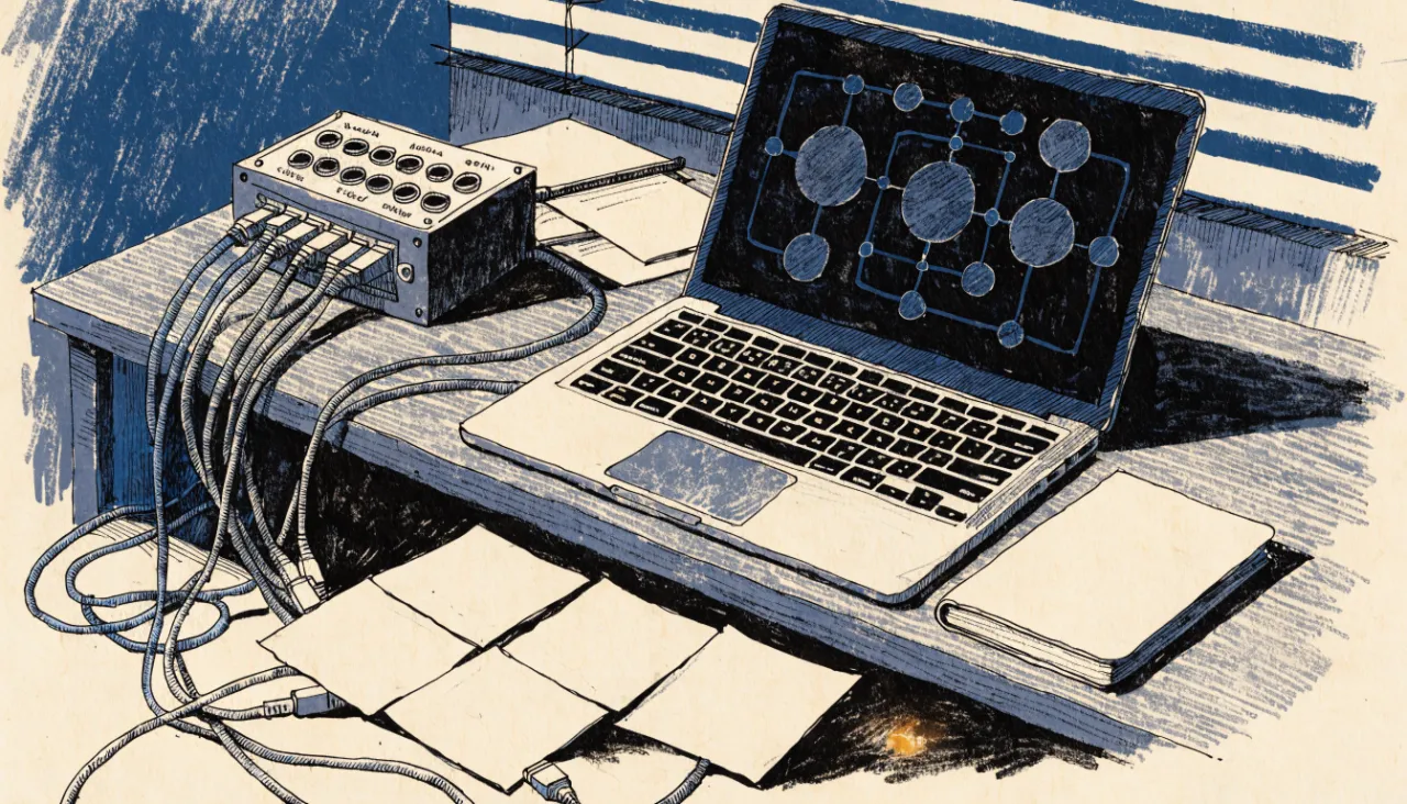 Restrained editorial illustration of a developer desk and data connectors: image for
