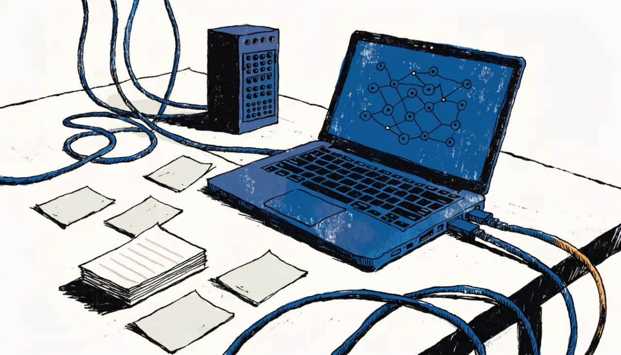 Restrained editorial illustration of a developer desk and data connectors, alternate view: image for