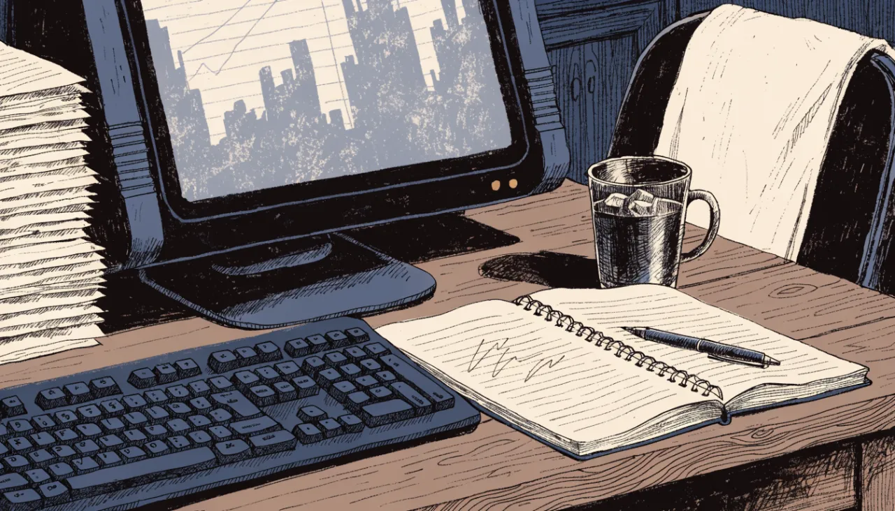 Restrained editorial illustration of an analyst workstation with unreadable chart shapes: image for