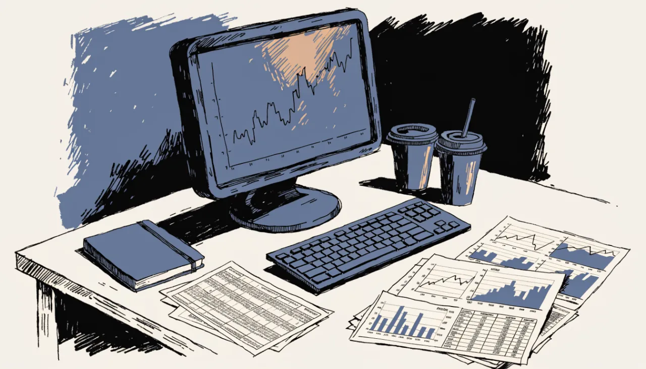 Restrained editorial illustration of an analyst workstation with unreadable chart shapes, alternate view: image for
