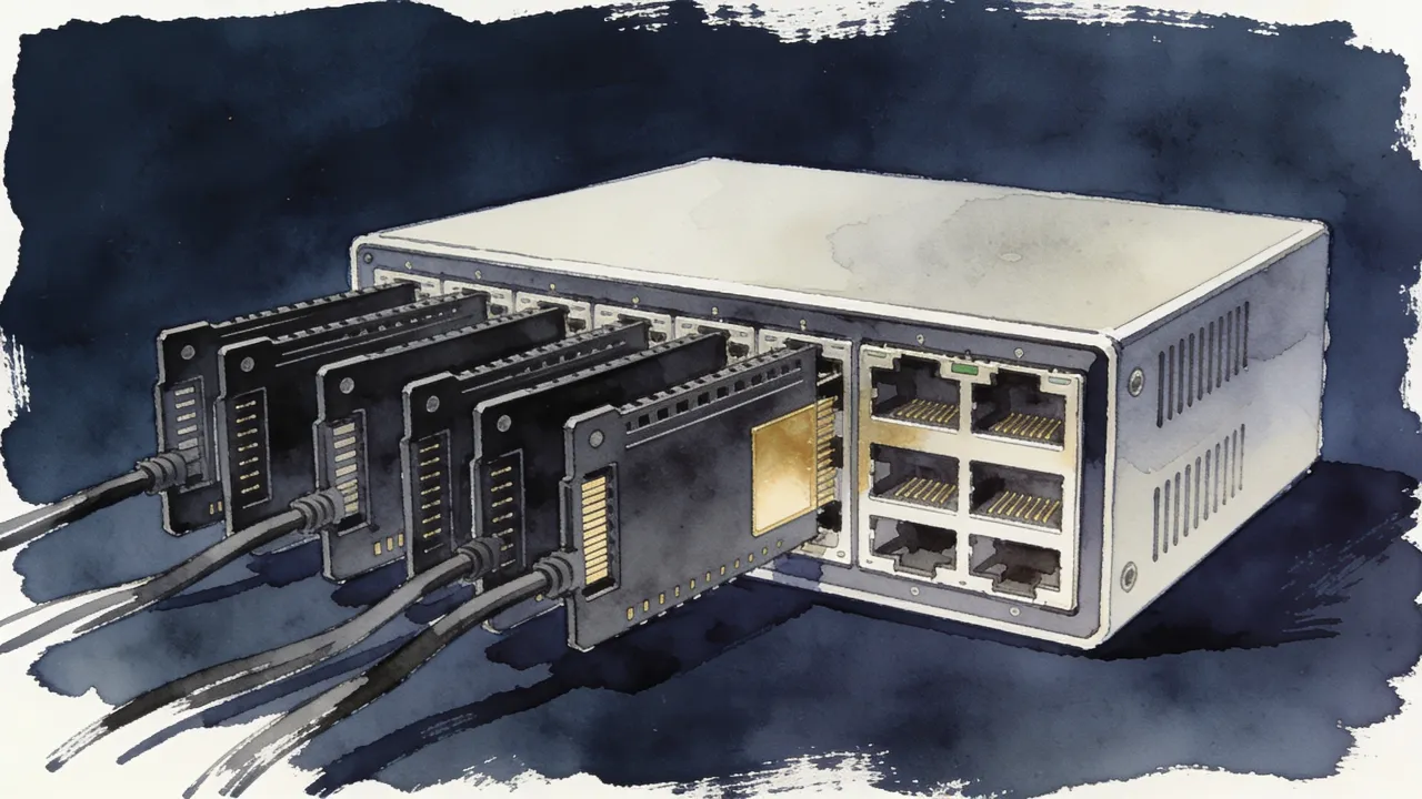 Illustration: dark connector cards feeding a compact server