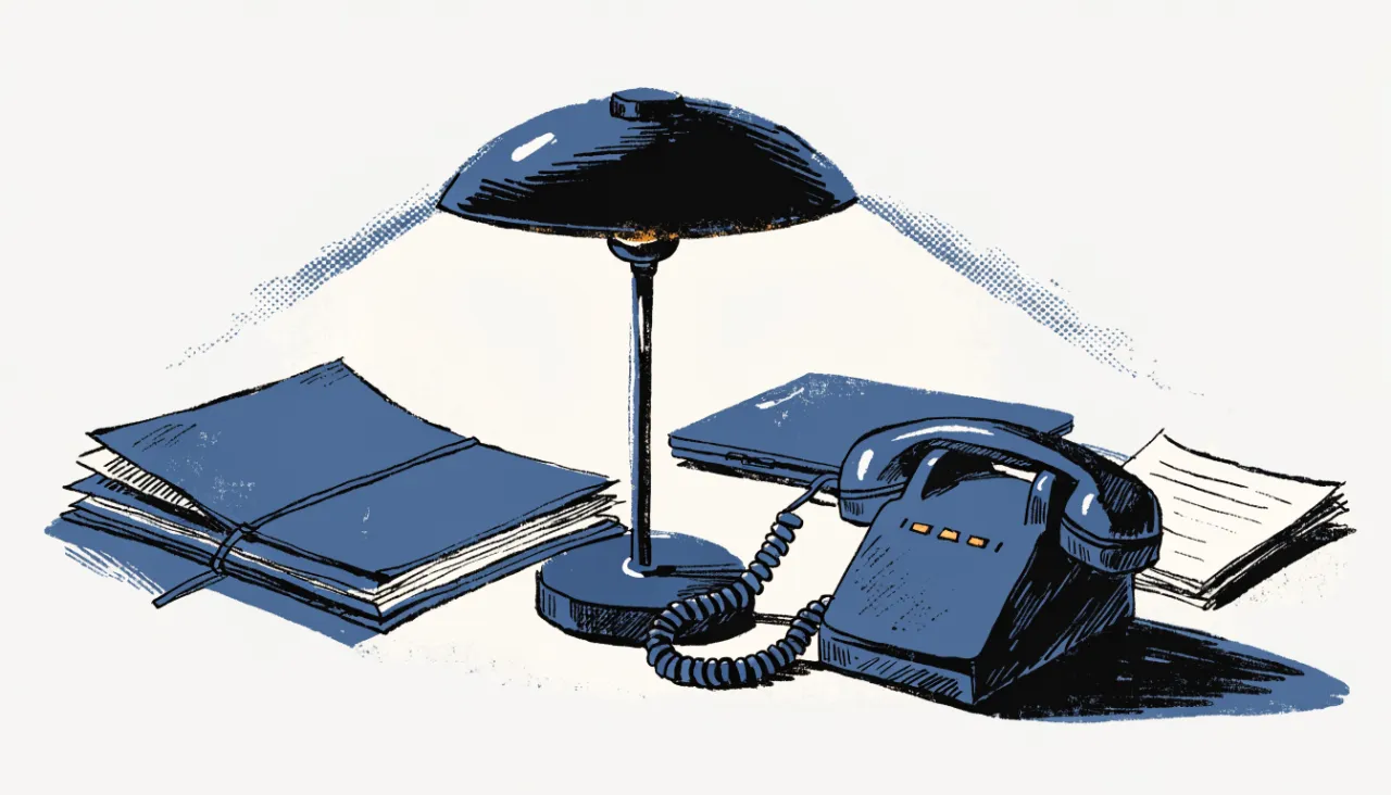 Restrained editorial illustration of compliance folders and a desk lamp: image for