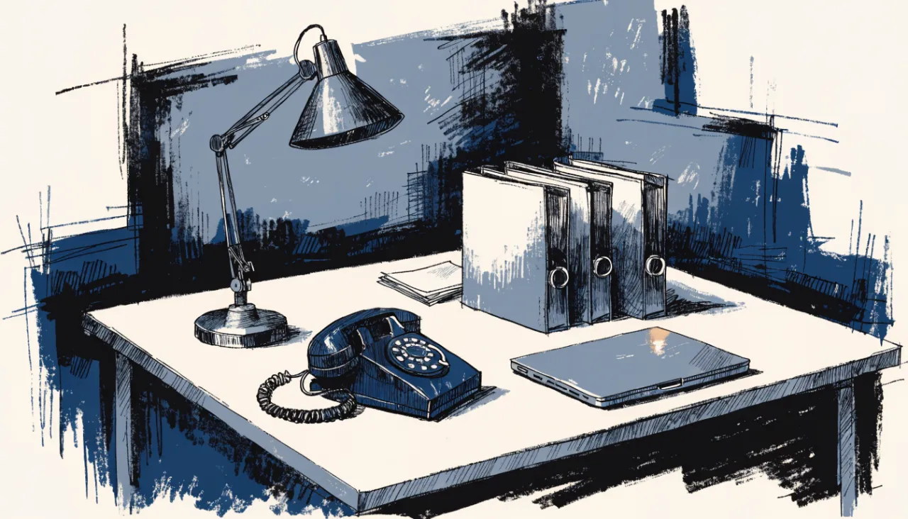 Restrained editorial illustration of compliance folders and a desk lamp, alternate view: image for