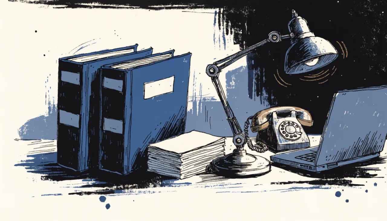 Restrained editorial illustration of compliance folders and a desk lamp: image for